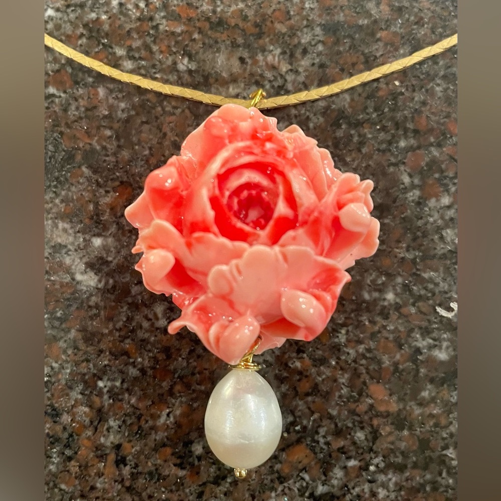 Beautiful large carved Coral and genuine pearl pendant on 18K gold filled chain.